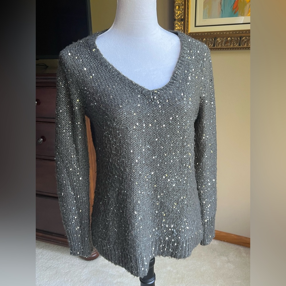 Apt. 9 Gray V-Neck Sequin Knit Sweater